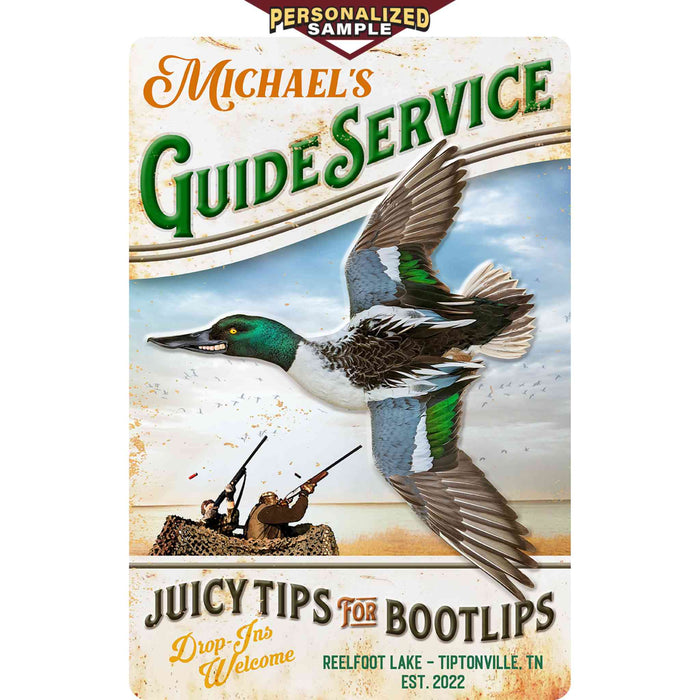 Personalized example of Sunshine Corner's, customizable hunting wall decor that says, "Michael's Guide Service - Juicy Tips For Bootlips - Drop Ins Welcome - Reelfoot Lake - Tiptonville, TN - Est. 2022".