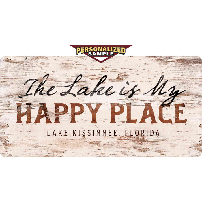 Personalized example of Sunshine Corner's, customizable lake house decor that says, "The Lake is My Happy Place - Lake Kissimmee, Florida".