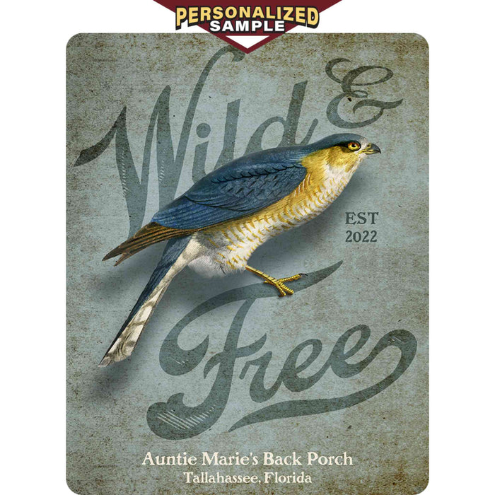Personalized example of Sunshine Corner's, customizable bird wall decor that says, "Wild and Free - Auntie Marie's Back Porch - Tallahassee, Florida - Est. 2022".