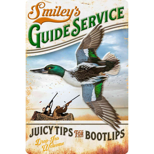 Sunshine Corner's, customizable hunting wall decor that says, "Smiley's Guide Service - Juicy Tips For Bootlips - Drop Ins Welcome".