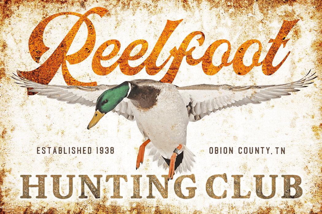 Personalized Example of Sunshine Corner's aluminum composite, customizable duck hunting sign that says, "Reelfoot Hunting Club - Established 1938 - Obion County, TN".